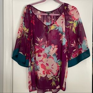 Express Floral Kimono Sheer Blouse, Medium